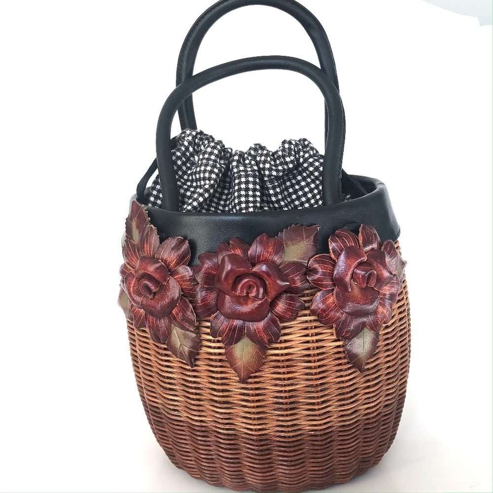 Isabella Fiore Leather Rose Embellished Wicker Bag
